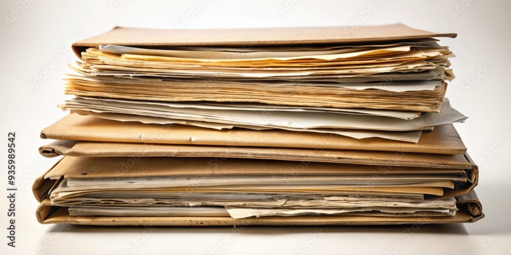 Old folder with stack of papers, file, documents, paperwork, organization, outdated, vintage, office, clutter Old folder with stack of papers, file, documents, paperwork, organization, outdated, vintage, office, clutter