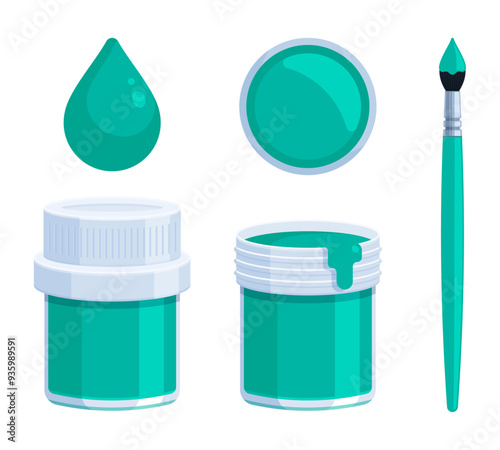 Set of teal paint bottle with brush and paint drop. Flat vector illustration isolated on white background. Tempera, gouache, acrylic, and watercolor painting concepts. Perfect for creative projects	
