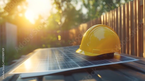 yellow safety helmet, construction site, blueprints, solar panels, outdoor setting, bright sunlight, wooden fence background, construction planning, renewable energy project.