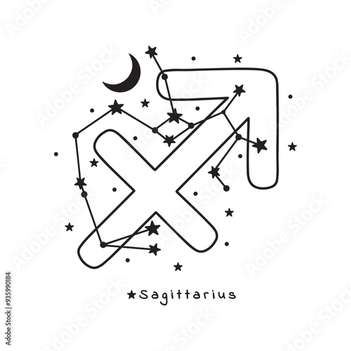 Sagittarius zodiac sign, with stars, moon and stars constellation, on white background, vector art