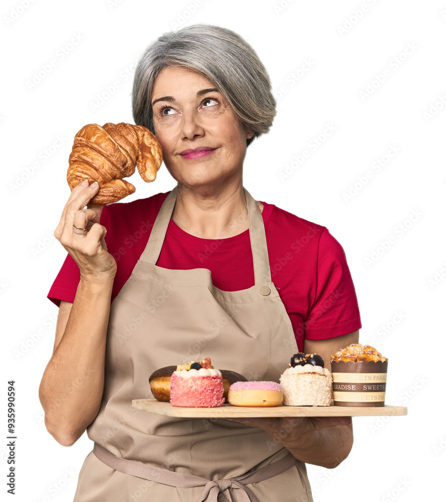 Middle-aged Caucasian female baker with pastries Middle-aged Caucasian female baker with pastries