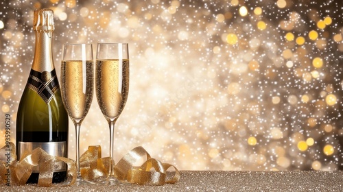 Champagne bottles and elegant glasses sit on a table, embellished with golden ribbons, all set against a dreamy backdrop of sparkling lights to enhance a festive atmosphere photo