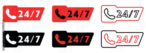 Collection of 24 7 service banner. 24-7 open, concept with call icon. Phone Support 24 hours a day and 7 days a week. Support service. Vector Illustration.