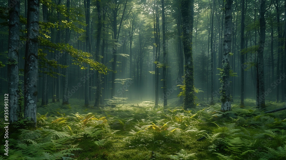 Obraz premium Peaceful forest in the morning with the sun's rays between the leaves of the trees and a faint mist covering everything.