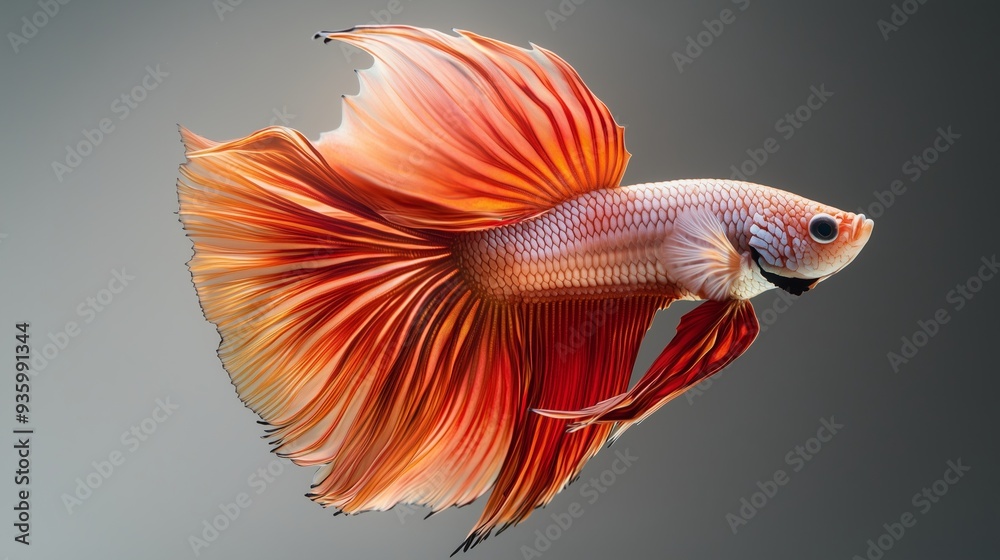 A striking Fancy Red Copper Halfmoon Betta fish glides gracefully against a soft grey backdrop. A striking Fancy Red Copper Halfmoon Betta fish glides gracefully against a soft grey backdrop.