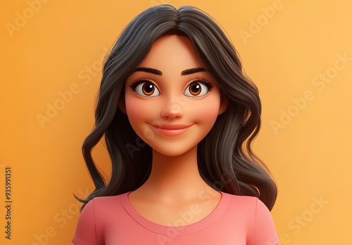  3D avatar of an Indian woman, smiling with long hair and earrings   