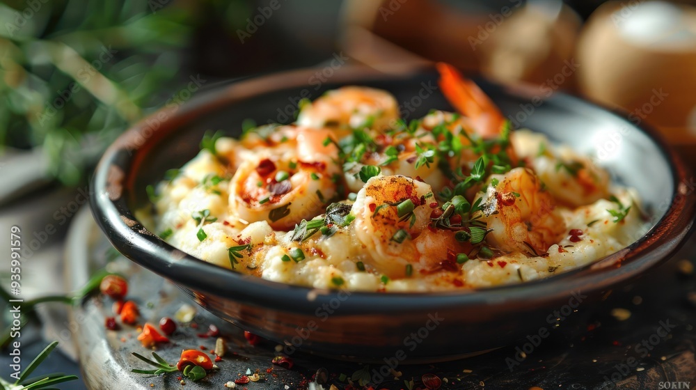 Cheesy and flavorful dish featuring shrimp, rice, sauce, and garnished with herbs. Cheesy and flavorful dish featuring shrimp, rice, sauce, and garnished with herbs.