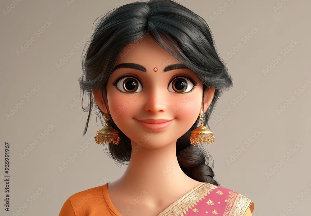 3D avatar of an Indian woman, smiling with long hair and earrings 3D avatar of an Indian woman, smiling with long hair and earrings