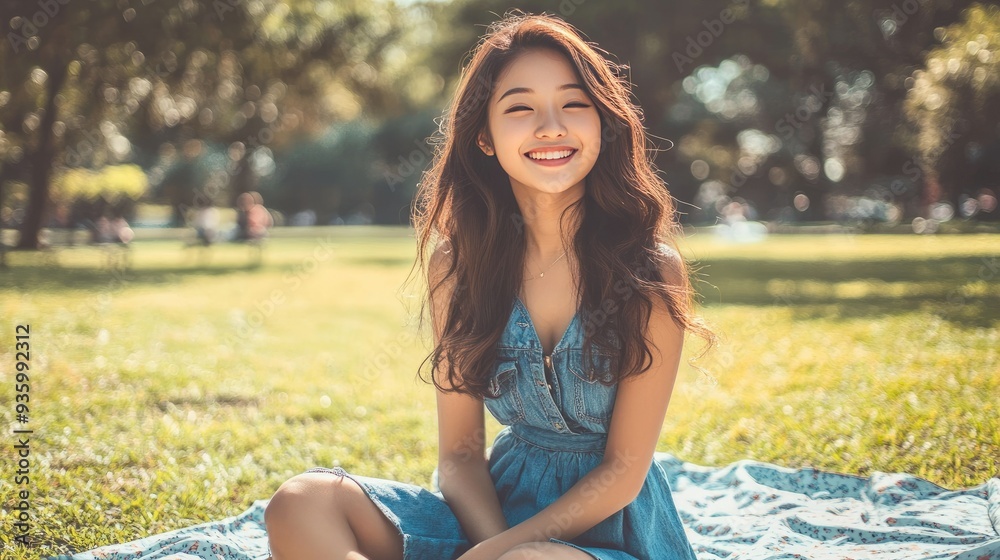 Cheerful Asian girl in a denim dress, sitting on a picnic blanket, radiating happiness. Cheerful Asian girl in a denim dress, sitting on a picnic blanket, radiating happiness.