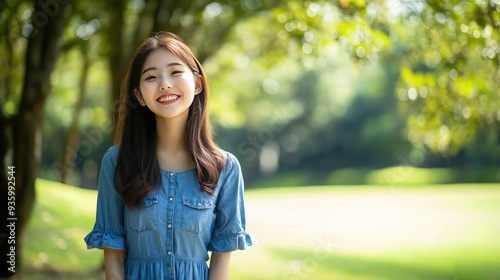 Cheerful Asian girl in a denim dress, standing in a park with a joyful expression.