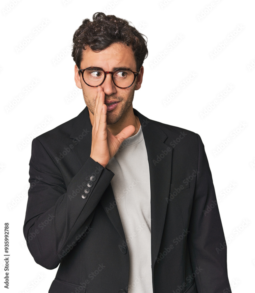 Young Hispanic businessman is saying a secret hot braking news and looking aside Young Hispanic businessman is saying a secret hot braking news and looking aside
