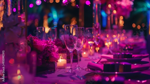Elegant Table Setting at Night Event with Bokeh Lights