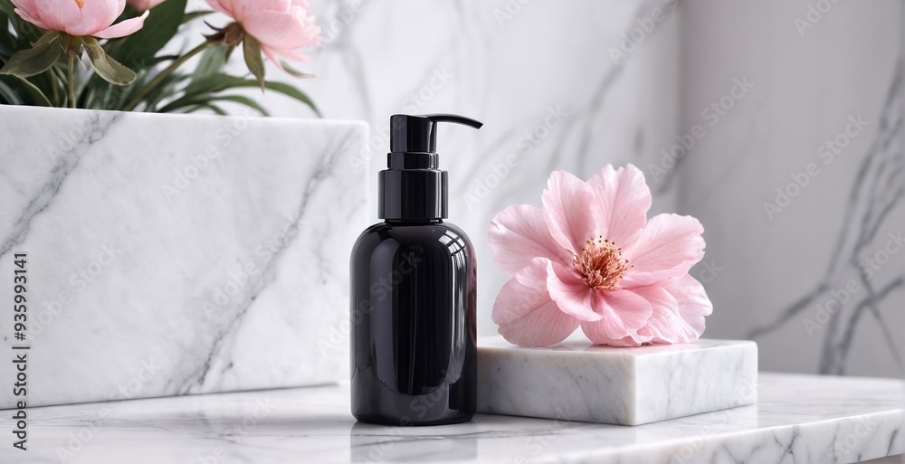Close-up of a dark cosmetic bottle on a white marble podium, luxury background, flowers, and copy space. Close-up of a dark cosmetic bottle on a white marble podium, luxury background, flowers, and copy space.