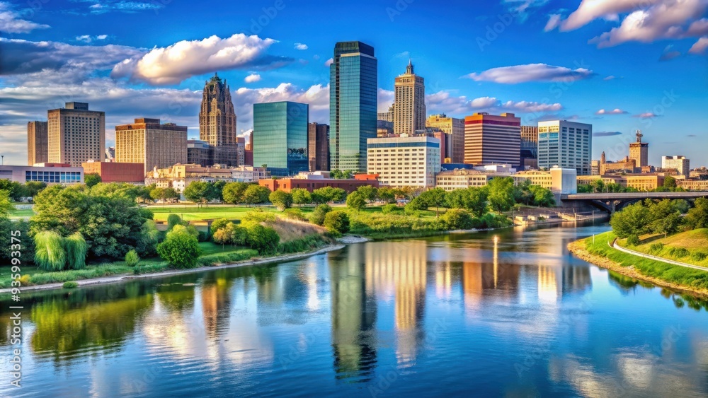 Panoramic view of Omaha skyline above the Missouri River, Omaha, Nebraska, USA, skyline, cityscape, river Panoramic view of Omaha skyline above the Missouri River, Omaha, Nebraska, USA, skyline, cityscape, river
