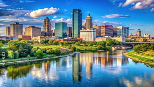Panoramic view of Omaha skyline above the Missouri River, Omaha, Nebraska, USA, skyline, cityscape, river