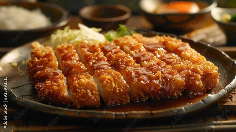 Colorful platter of Japanese-style breaded meat, likely pork or chicken, in a rich brown sauce, Colorful platter of Japanese-style breaded meat, likely pork or chicken, in a rich brown sauce,