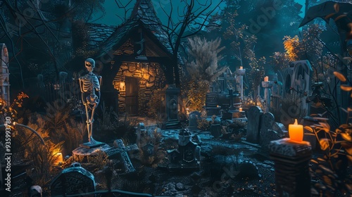 Skeleton yard with haunted ambiance and gravestones for Halloween decor