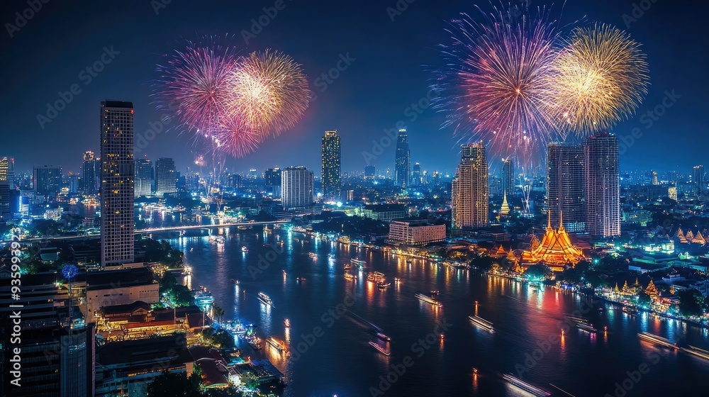 Obraz premium city view and Bangkok with beautiful fireworks -