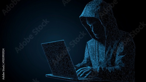 The Internet security of a laptop computer is compromised by an anonymous hacker. Cyber attack is a business concept with low polygons. Modern point line design of a server illustrates a cyber attack