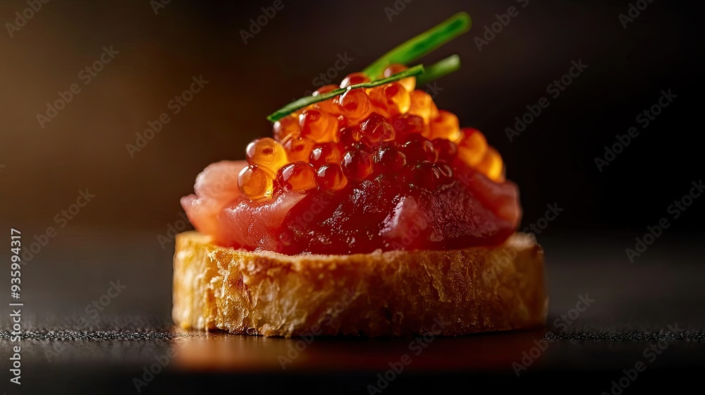 Close-up of a delicate brioche canap, featuring raw beef tartar and vibrant red salmon caviar, set against a dark background. Close-up of a delicate brioche canap, featuring raw beef tartar and vibrant red salmon caviar, set against a dark background.