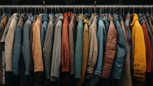 A collection of assorted jackets hanging on a clothes rack, featuring various colors, styles, and materials.