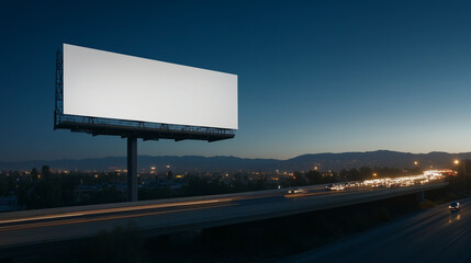 Blank white billboard mockup in highway overpass with cars and trucks moving below and city lights in the distance at night