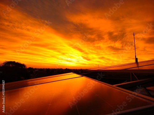 sunset in the city,solar panels generate energy