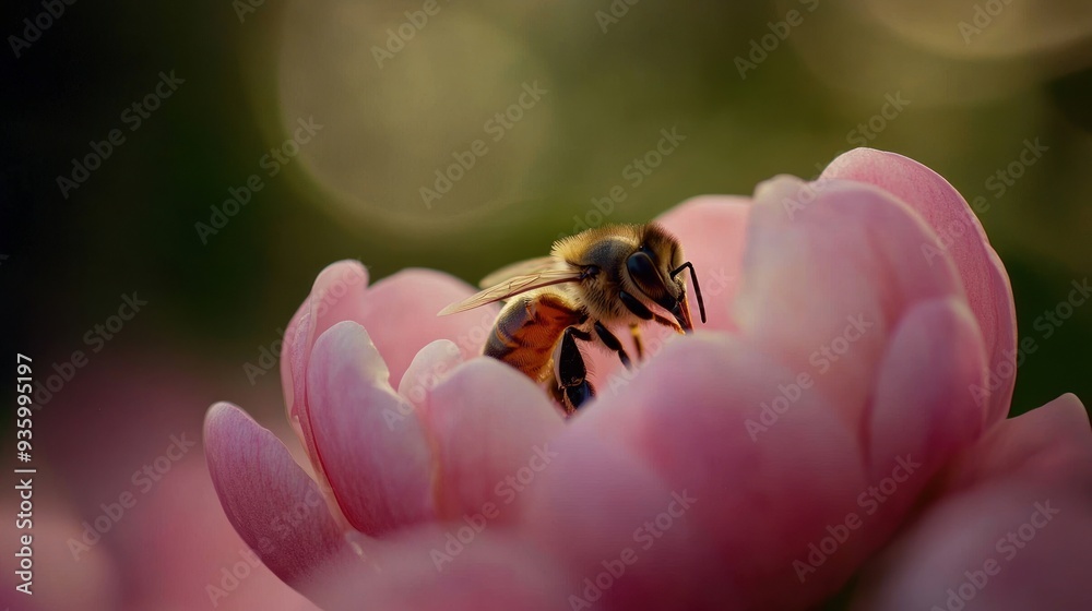Obraz premium Honeybee Gathering Nectar from a Pink Flower