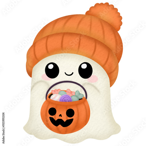 Adorable ghost with orange beanie and candy-filled pumpkin for Halloween