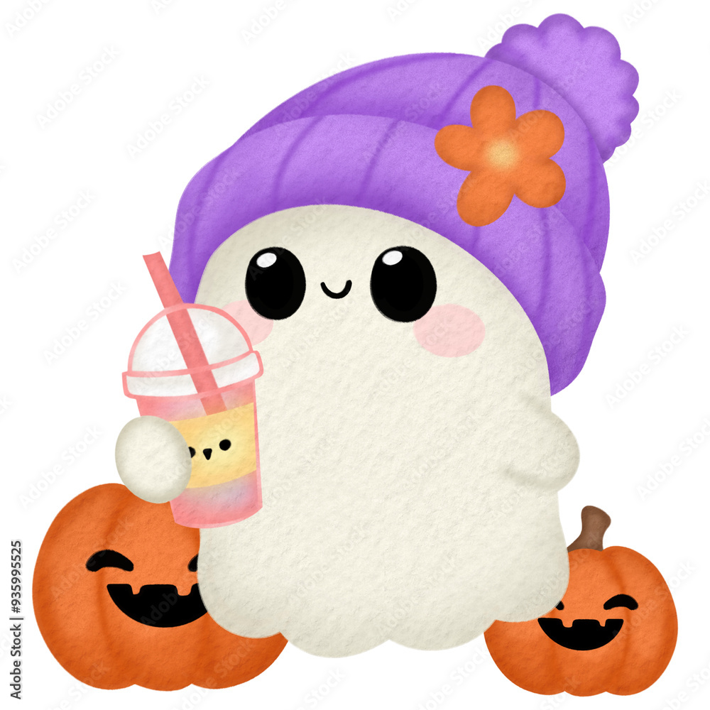 Fototapeta premium Adorable ghost with purple beanie and pumpkins holding Halloween drink
