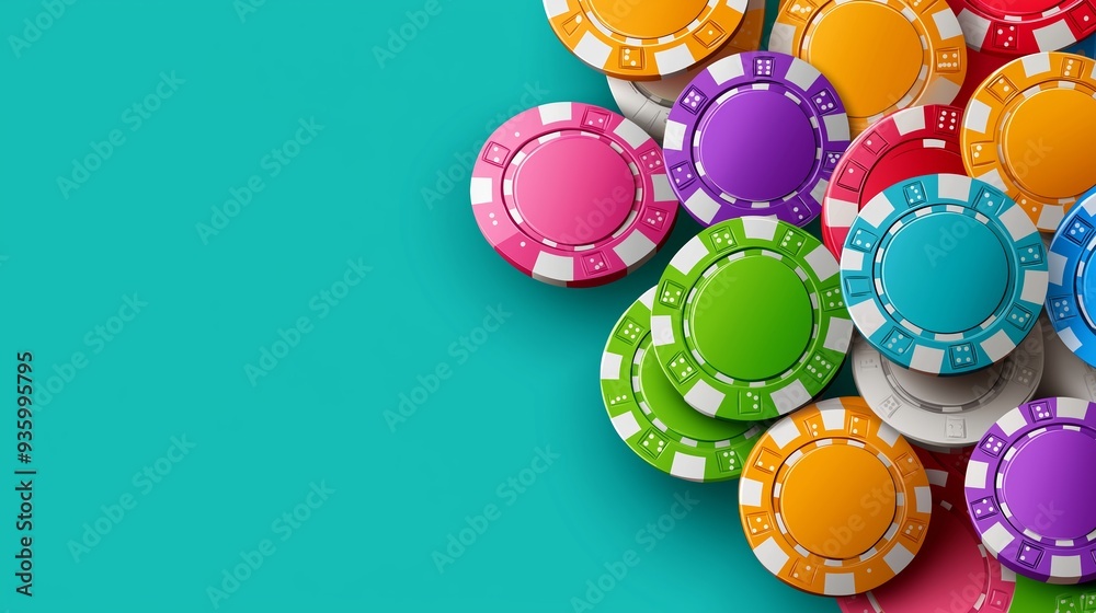 A bunch of colorful poker chips are piled on top of each other. Concept of fun and excitement, as if someone is about to play a game of poker A bunch of colorful poker chips are piled on top of each other. Concept of fun and excitement, as if someone is about to play a game of poker