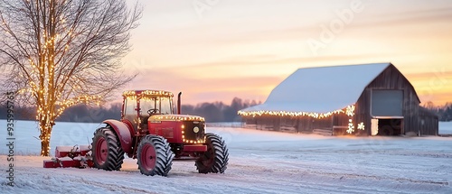 A red tractor in a snowy field, with festive lights adorning a barn and tree, capturing a serene winter evening. Christmas farm concept.