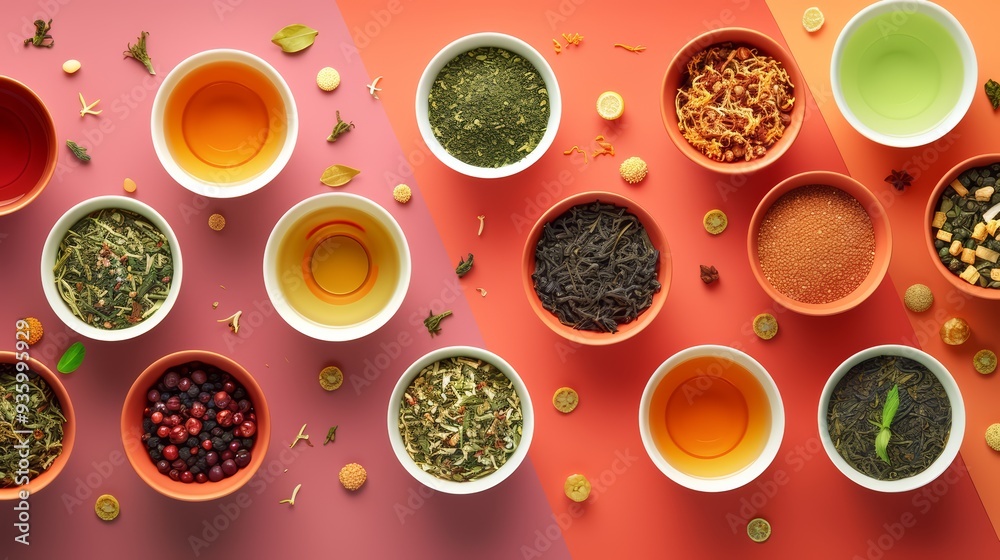 Variety of Herbal Teas in Bowls Flat Lay Variety of Herbal Teas in Bowls Flat Lay