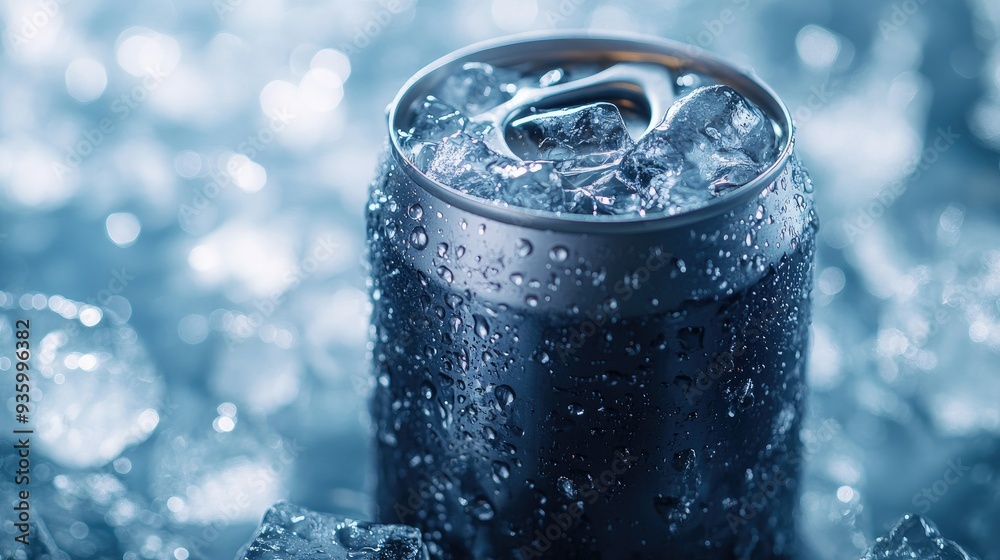 Cold drink can placed on ice cubes, with droplets of water on the can's surface, highlighting its refreshing coldness. Cold drink can placed on ice cubes, with droplets of water on the can's surface, highlighting its refreshing coldness.