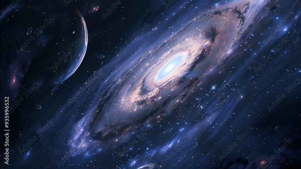 Obraz premium A breathtaking galaxy background with swirling nebulae, twinkling stars, and distant planets, set against the deep, dark expanse of space, showcasing the wonders of the universe