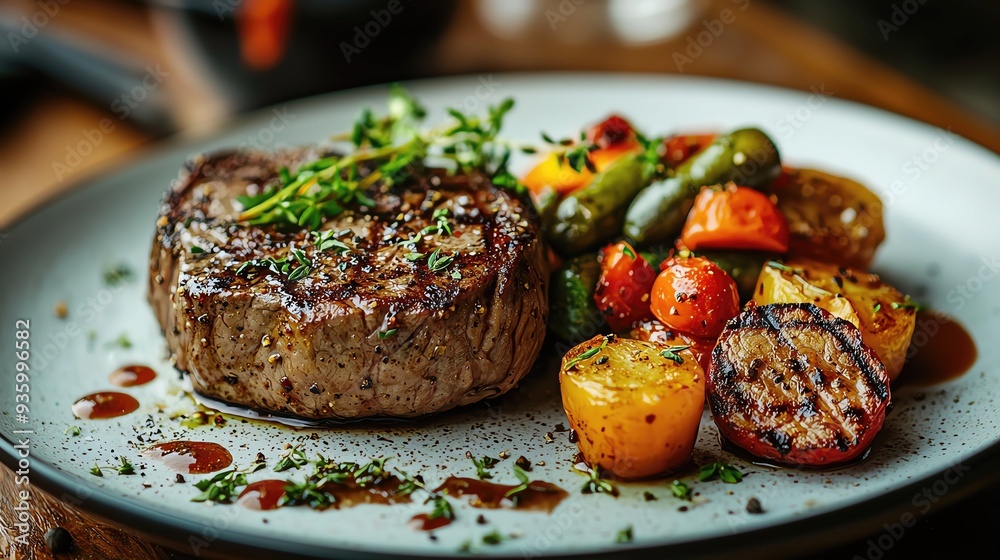 A beautifully plated steak with colorful roasted vegetables, garnished with herbs, showcasing gourmet dining. A beautifully plated steak with colorful roasted vegetables, garnished with herbs, showcasing gourmet dining.