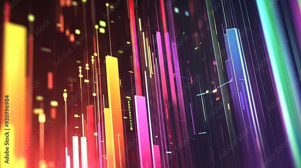 Obraz premium Colorful abstract 3D financial graph with intersecting lines and bars against a dark backdrop. -
