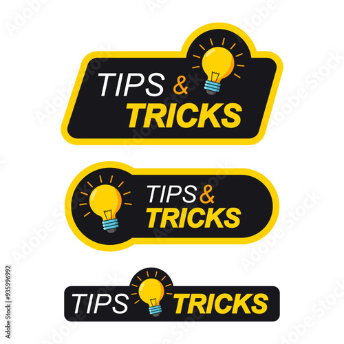 tips and tricks badge set. Quick tips logo with light bulb. Top tips, helpful tricks, tooltip, advice and idea for business and advertising