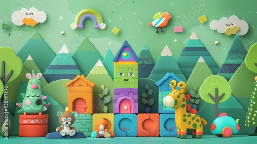 Cute Toy Land Scene with Blocks and Animals