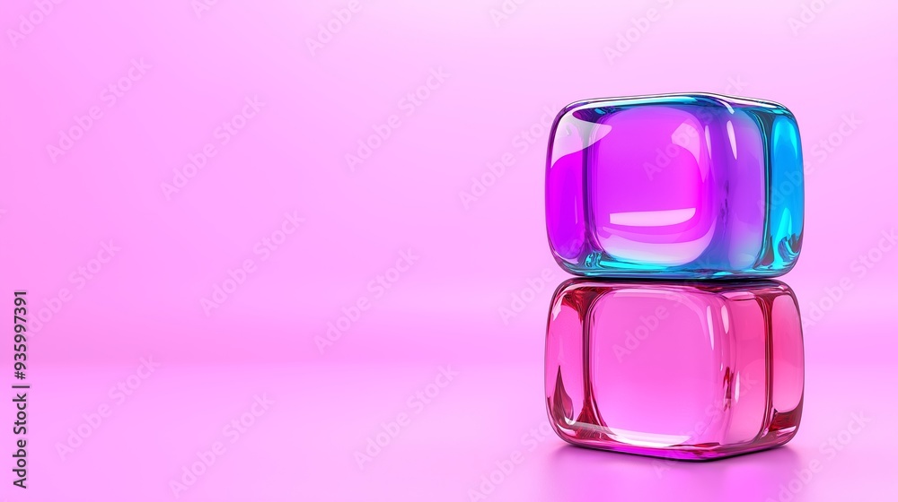 Two pink and blue cubes are on a pink background. The cubes are made of glass and are placed on top of each other Two pink and blue cubes are on a pink background. The cubes are made of glass and are placed on top of each other