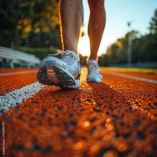 Mann oder frau beim laufen joggen auf einer aschebahn mit Turnschuhen Laufschuhe