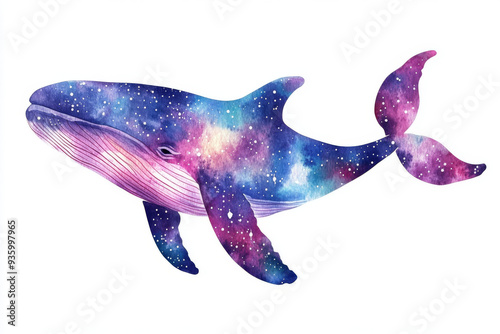 A vibrant watercolor illustration of a whale filled with a cosmic galaxy pattern, blending space elements with marine life in colorful artistry.
 photo