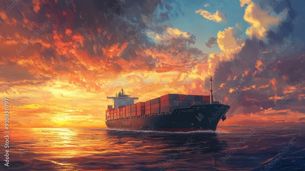 Container Ship in the evening sky. Container Ship in the evening sky.