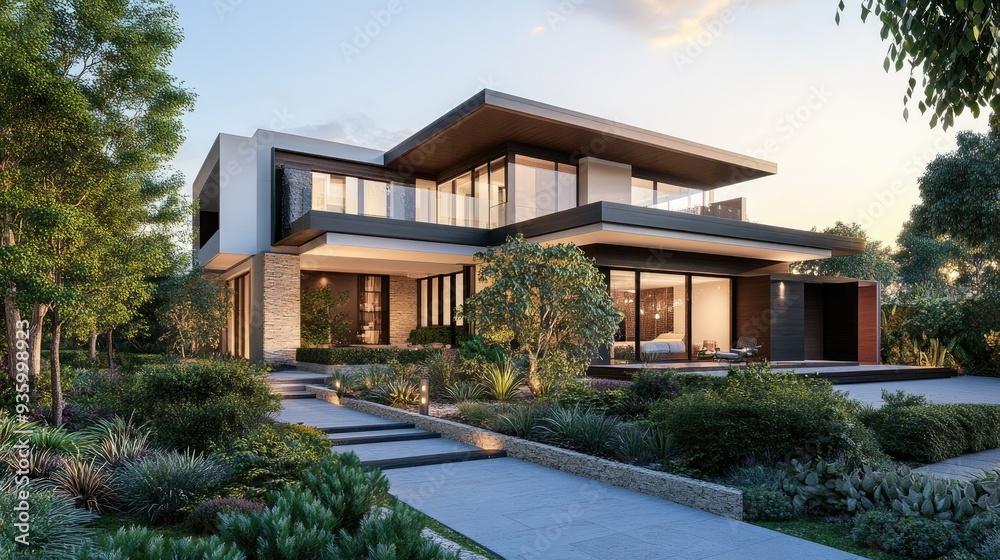 Contemporary 3D rendered home with a sleek facade and lush garden surroundings. Contemporary 3D rendered home with a sleek facade and lush garden surroundings.