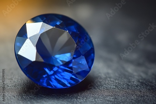 A close-up of a dazzling blue sapphire gemstone with multiple facets reflecting light, showcasing its depth and brilliance against a blurred background photo