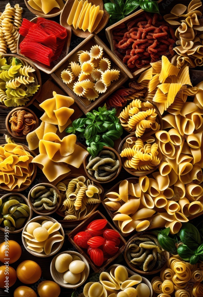 vibrant collection showcasing diverse italian pasta varieties various textures culinary exploration gastronomic delight, shapes, colors, cuisine, gourmet vibrant collection showcasing diverse italian pasta varieties various textures culinary exploration gastronomic delight, shapes, colors, cuisine, gourmet
