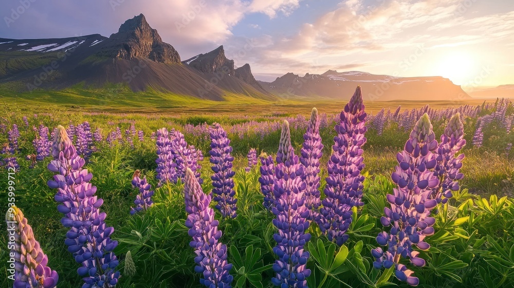 Sunset Over Lupine Field and Icelandic Mountains Sunset Over Lupine Field and Icelandic Mountains