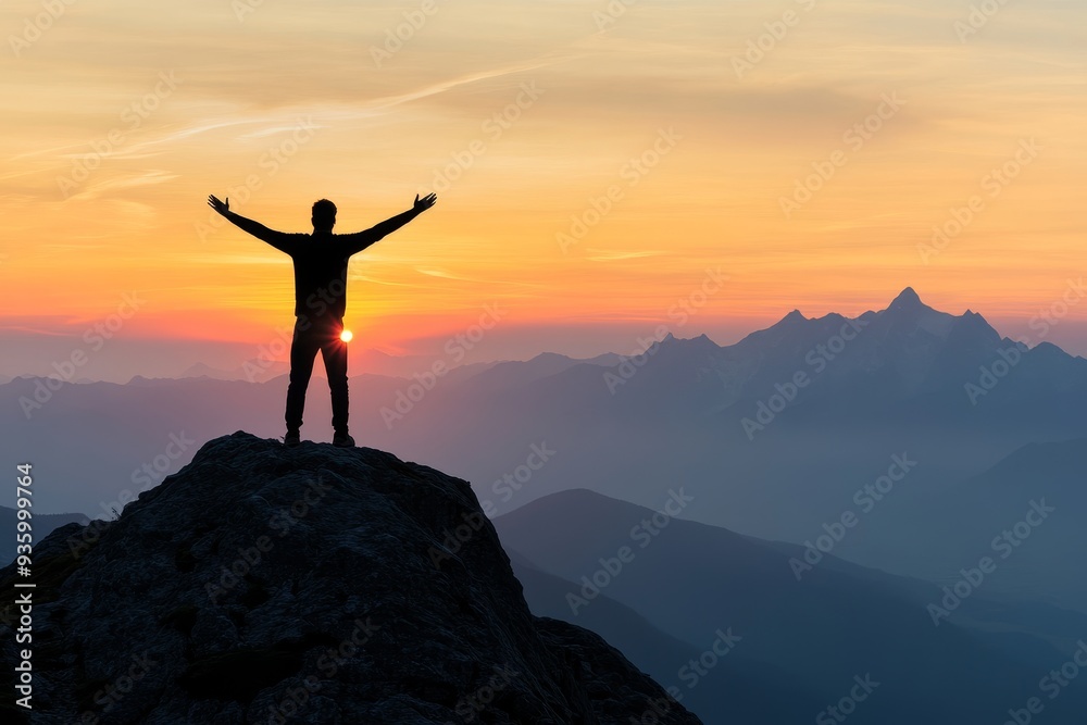 Silhouette of a person with raised arms standing triumphantly on a rocky mountain peak against a vibrant orange and yellow sunset sky Silhouette of a person with raised arms standing triumphantly on a rocky mountain peak against a vibrant orange and yellow sunset sky