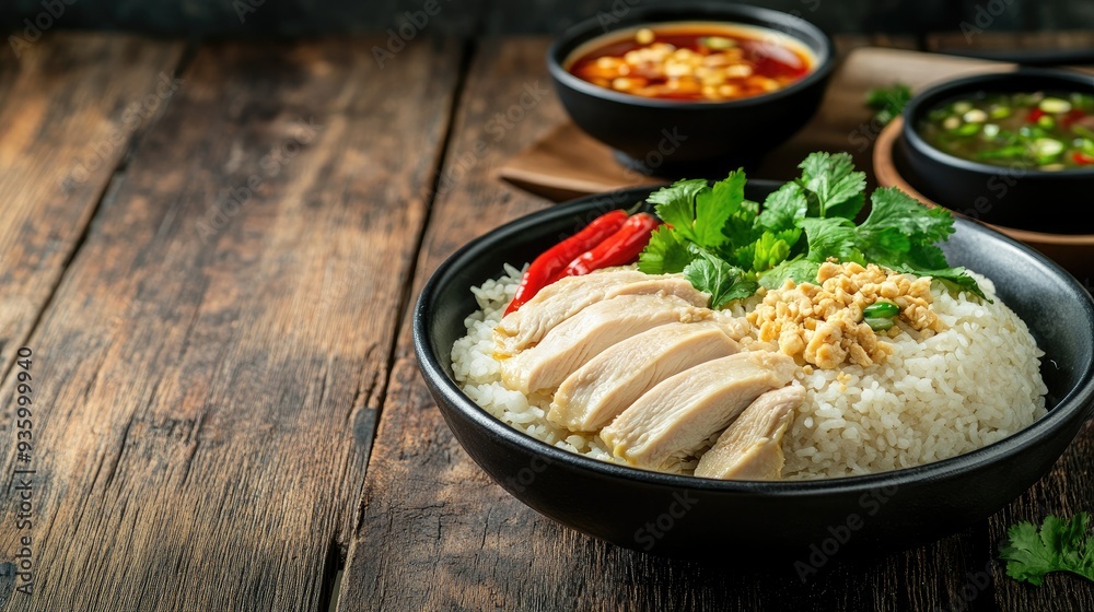 Dark wooden table featuring Hainanese chicken rice with a bowl of soup. A Thai food concept highlighting the rich flavors and authentic presentation. Dark wooden table featuring Hainanese chicken rice with a bowl of soup. A Thai food concept highlighting the rich flavors and authentic presentation.
