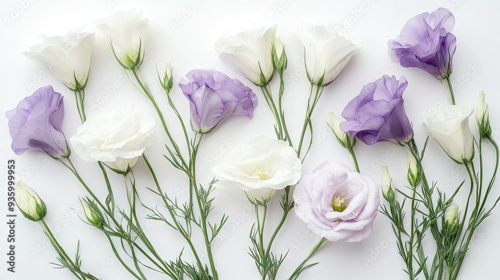 Delicate arrangement of white and purple eustoma flowers on a white background, emphasizing their soft and elegant nature. Delicate arrangement of white and purple eustoma flowers on a white background, emphasizing their soft and elegant nature.
